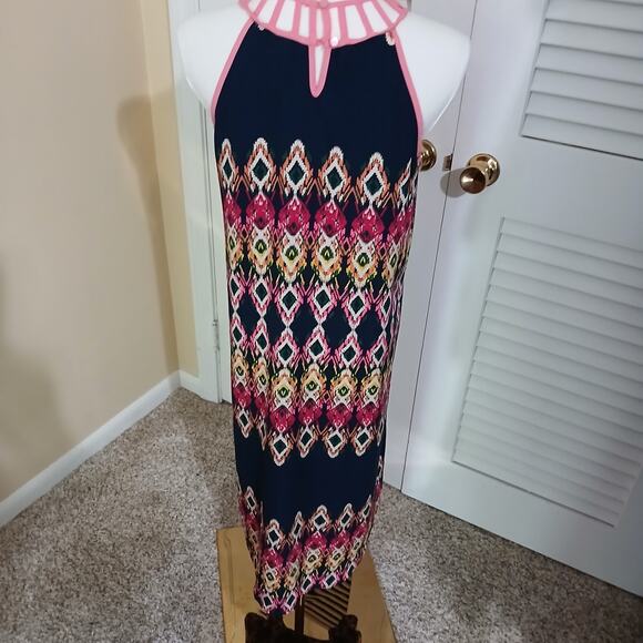 Minteau Couture 16(XL) Halter Dress A Line Navy/Pink/Green Cut-Out Neck Lined - Picture 6 of 11